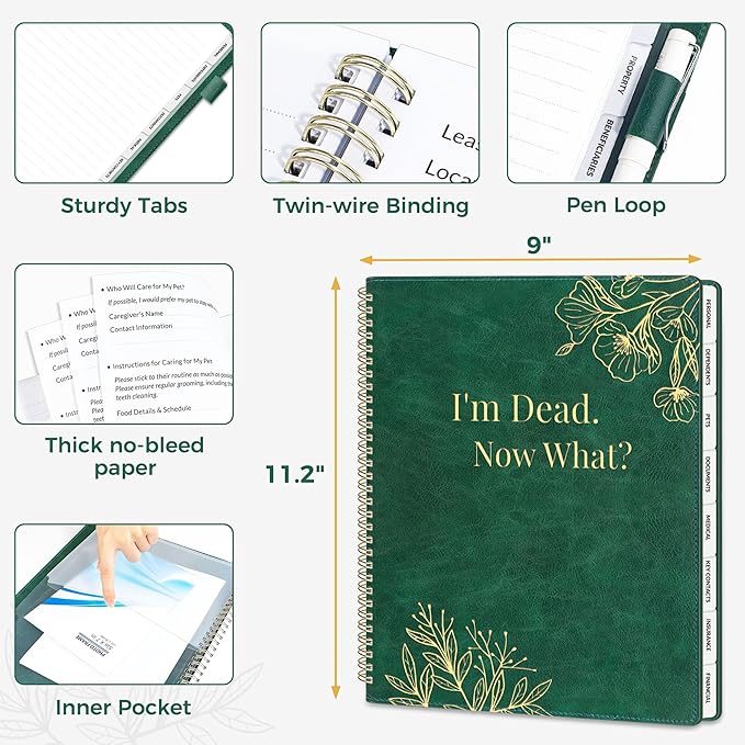 SUNEE End of Life Planner,I‘m Dead Now What Planner, Large Print Spiral-Bound Estate Organizer with Tabs for Seniors & Family. Covers Final Wishes, Passwords,Funeral Planning. A4（9"x11.2"),Deep Green