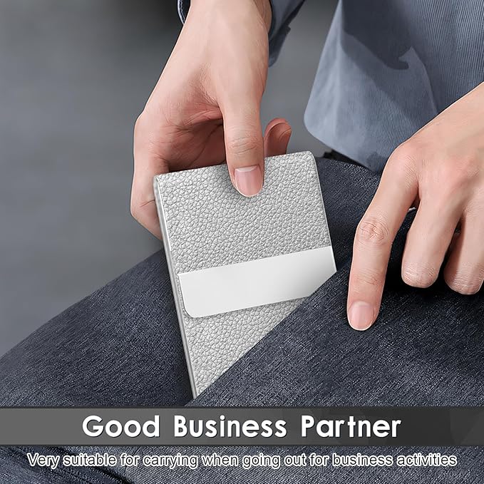 Business Card Holder with Ultra Slim Design, Business Card Case with Premium PU Leather, Suit Pocket Metal Card Holder for Women/Men, Magnetic Closure Quick Access Cards