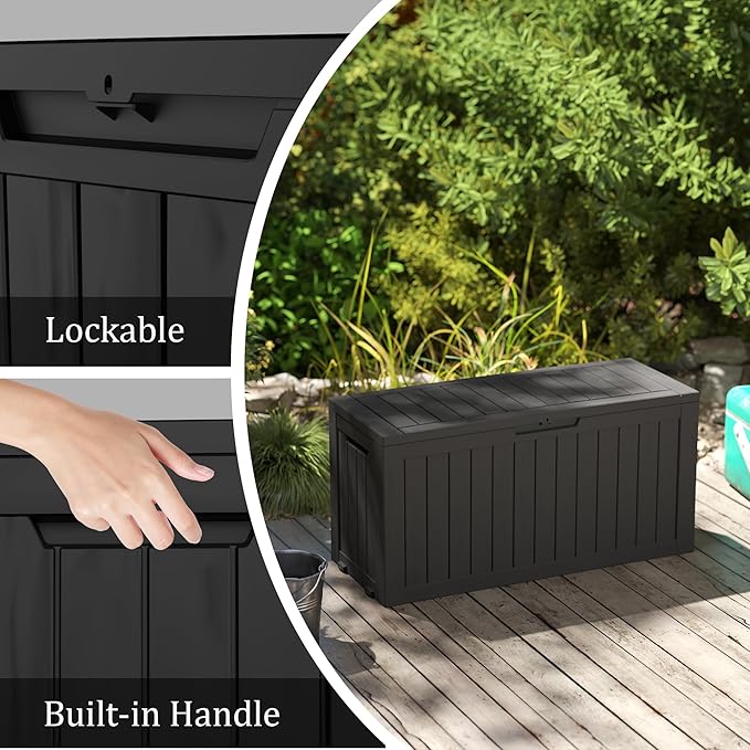 Decksplore 75 Gallon Outdoor Storage Box with Wheels, Waterproof Lockable Resin Deck Box Patio Storage Bin for Pool Accessories Cushion Furniture, Garden Tools, UV-Resistant Outside Delivery Black