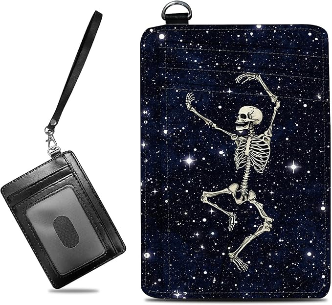 BWEGRHE Small Travel Wallets, Dance Skull Skeleton Slim Minimalist Front Pocket Wallet with Wristlet, RFID Blocking PU Leather Credit Card Holder with ID Window Change Purse for Men Women