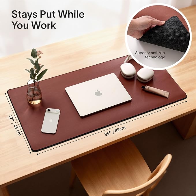 Nordik Felt and Leather Desk Mat - Emberwood Brown - 35x17 Inch Felt and Vegan Leather Desk Blotter with Document Hideaway - Large Computer Mats for Desktop - Ideal Keyboard Mat for Office and Home