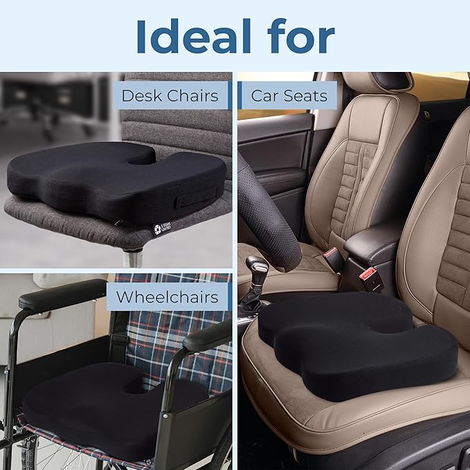 Seat Cushion for Office Chairs - Tailbone, Coccyx Pain Relief - Butt, Pressure & Sciatica Relief - Gaming, Wheelchair, Car & Desk Pillow, Black