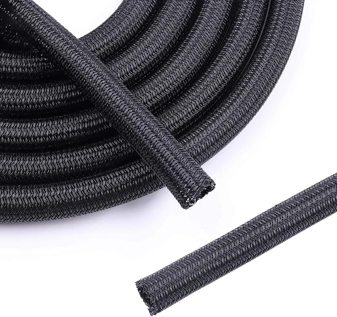 Flauzmann 1/2" Braided Cable Sleeve - 10Ft Cat Cord Protector Split Wire Loom Tubing Flexible Self Wrapping for USB, Audio, Automotive Cord, Dog Chew Proof Cable Protector - Black