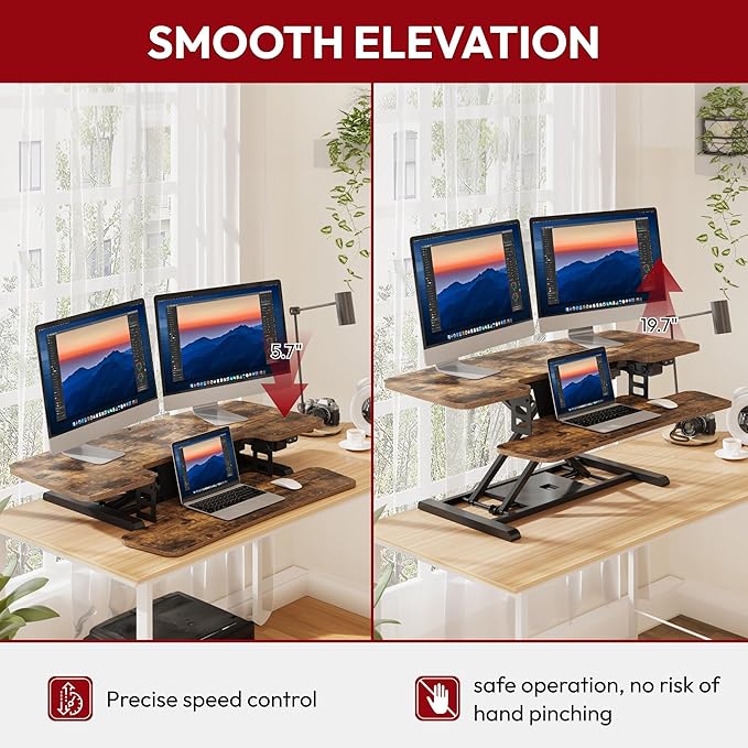 SANODESK Standing Desk Converter with Electric Motor 42" Height Adjustable Riser for Office Home,Dual Monitor and Laptop Workstation with Large Keyboard Tray, Rustic Color