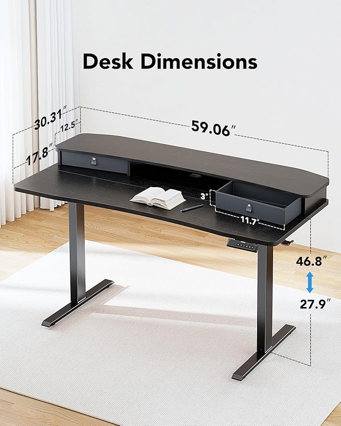 HUANUO 60″ x 30″ Electric Standing Desk with 2 Drawers, C-Clamp Mount Compatible, Height Adjustable Computer Desk, Home Office Stand Up Desk with 4 Preset Heights & 2 Hooks, Black