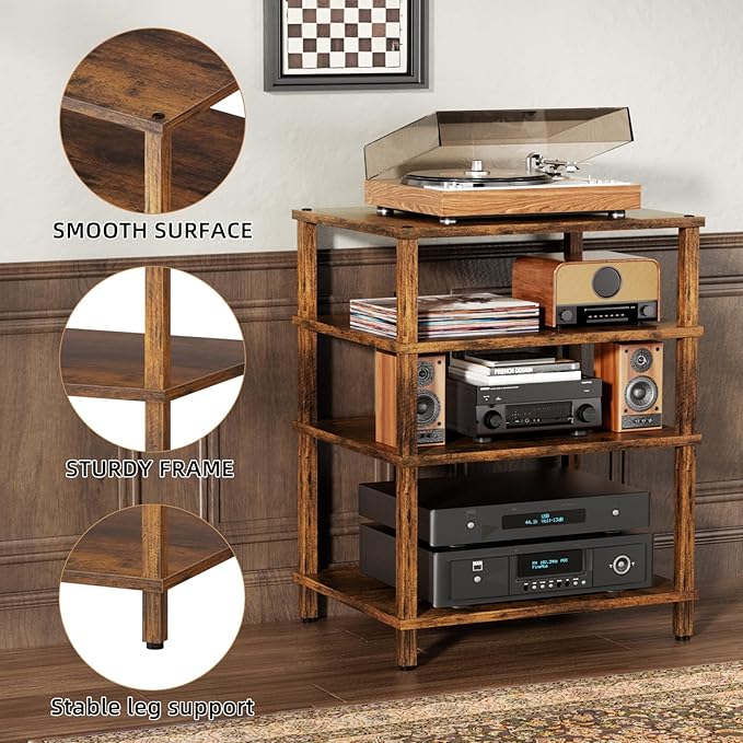 4-Tier AV Media Player Stand, Brown Stereo Cabinet, Modern Stereo Cabinet, Wooden TV Stand,Game Console Shelf, Multifunctional Entertainment Center, Suitable for Home, Conference Room, Game Studio