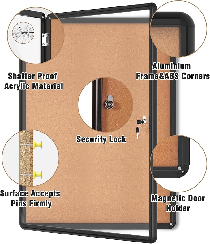 Mifuro 38"x28" Enclosed Bulletin Board, Lockable Weather-Resistant Aluminum Cork Noticeboard for School & Office, Black Frame w/Cork