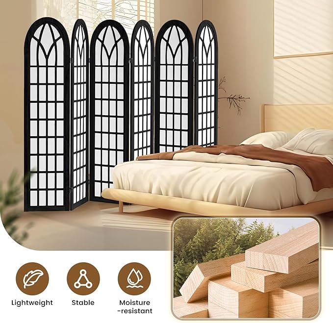 ALeesing Folding Room Divider Privacy Screen Freestanding 6-Panel Shoji Style Wooden Frame Decorative Partition Wall for Bedroom Office Apartment Black