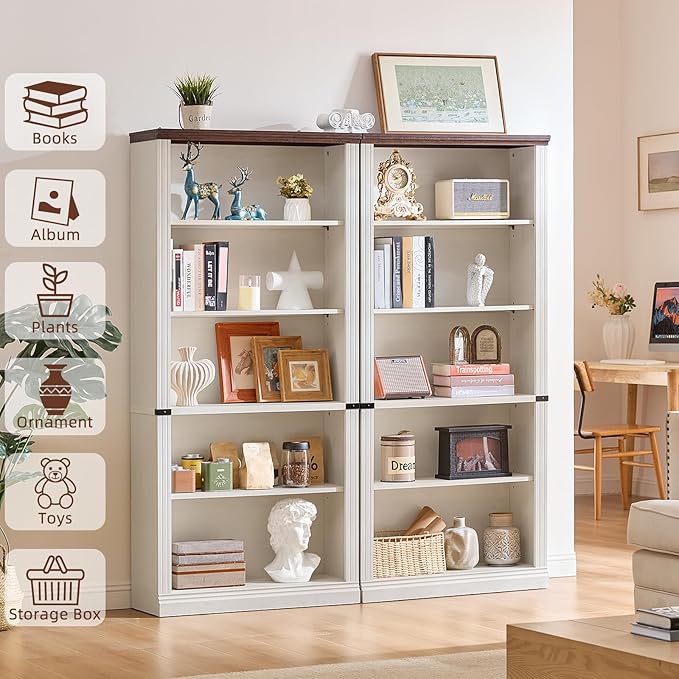 RWYHG 70" White Tall Bookshelf Set of 4,5-Tier Thick Wooden Book Shelf with Adjustable Shelves,Free Standing Farmhouse Bookcase with Open Display Storage,Floor Vintage Bookshelves for Living Room