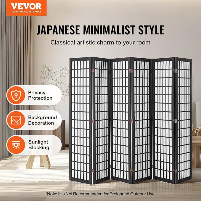 VEVOR Room Divider, 6 Panel Japanese Room Divider, Folding Privacy Screen Indoor, Portable Partition Dividers and Decoration Screens, for Room Separation, Home, Office, Restaurant & Bedroom (Black)
