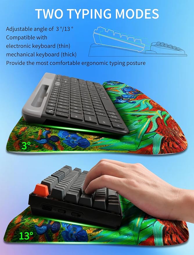 KUOSGM Ergonomic Wave Wrist Rest with Keyboard Stand, Cushioned Palm Rest, Comfortable Integrated Memory Foam for Natural Typing and Relieve Wrist Pain, Van Gogh Iris Flower