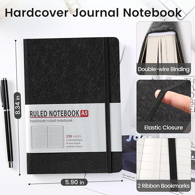 TSFPapier Lined Journal Notebook for Women Men 216 Pages A5 Hardcover Journals for Writing Daily Journaling Notebook for Work, School, Note Taking, Business, Travel Black