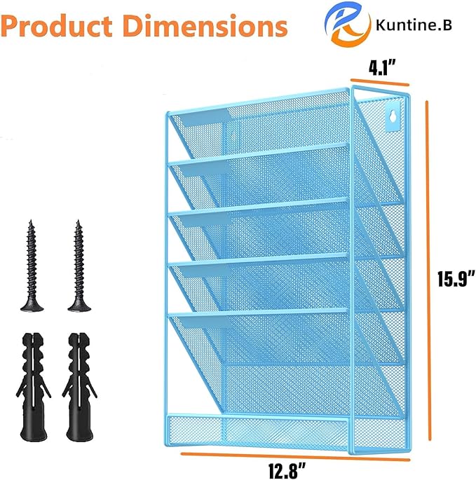 Kuntine.B 6-Tier Wall File Organizer Hanging File Organizer Cubicle Organizer Wall File Holder for Office Home (Blue, 6 Tier)