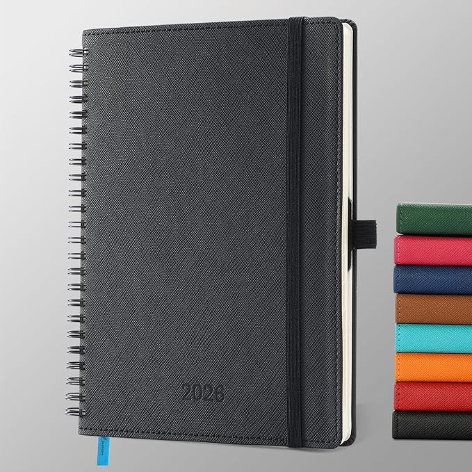 IN-LUXPRO Planner 2026 Daily Weekly and Monthly,8.5"x6.5",12 Months Spiral Bound Calendar Agenda with Self-adhesive Pen Holder,2026 Appointment Book with Vegan Leather Soft Cover,Black