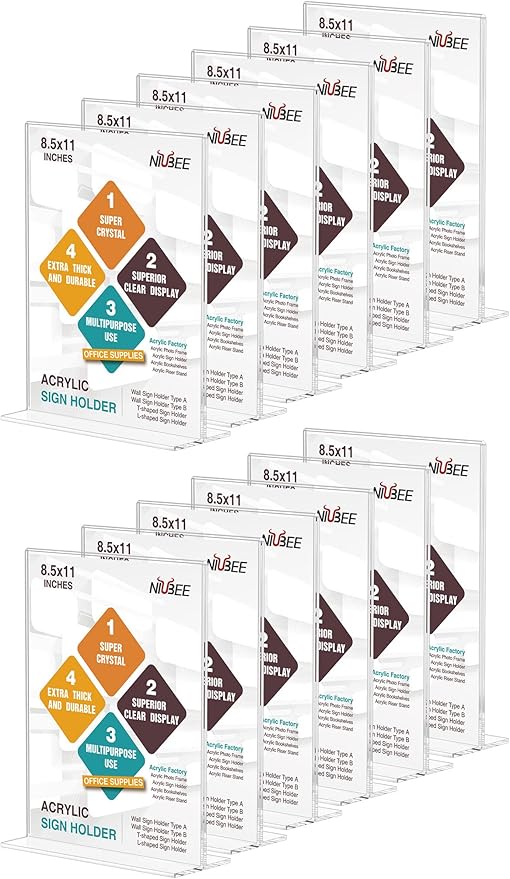 NIUBEE 12 Pack Acrylic Sign Holder 8.5 x 11 - T Shape Double Sided Clear Sign Holder for Table Top Display - Portrait Style