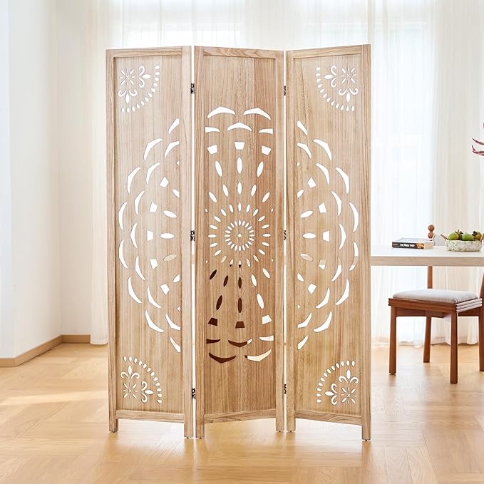 66.9Inch Wooden Room Partition - 3 Panels Boho-Styled Space Room Divider for Home/Office, Headboard & Yoga/Photo/Video Call Backdrop (Natural)