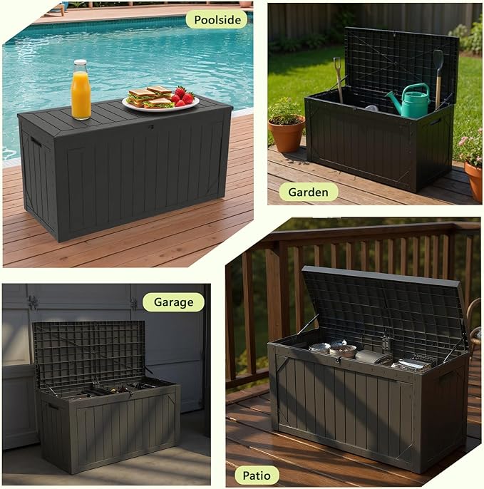 Decksplore 100 Gallon Outdoor Storage Box Waterproof, Lockable Resin Deck Box Patio Storage Bin for Pool Accessories Cushion Furniture, Garden Tools, UV-Resistant Outside Delivery, Black