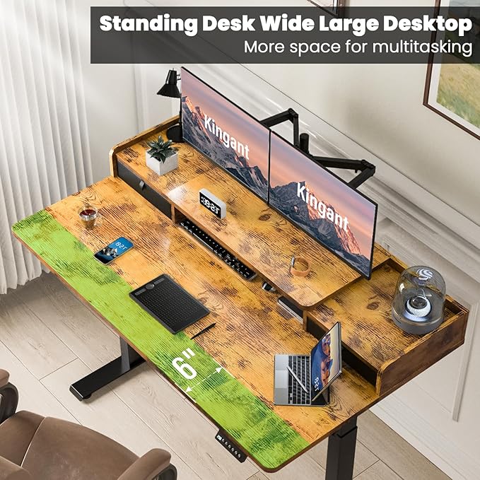 Kingant 48 x 30 Inch Electric Standing Desk with Dual Drawers, Adjustable Height Computer Desk for Home Office, Large Workstation Sit Stand Up Desk with Built-in Storage Shelf, Rustic Brown
