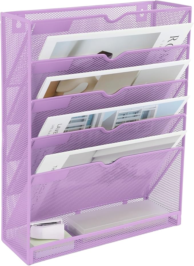 EASEPRES 6 Tier Mesh Hanging Wall File Organizer, Desk Vertical Mail Paper Document Folder Holder Rack with Bottom Tray and Nametag Label for Office Home School, Light Purple