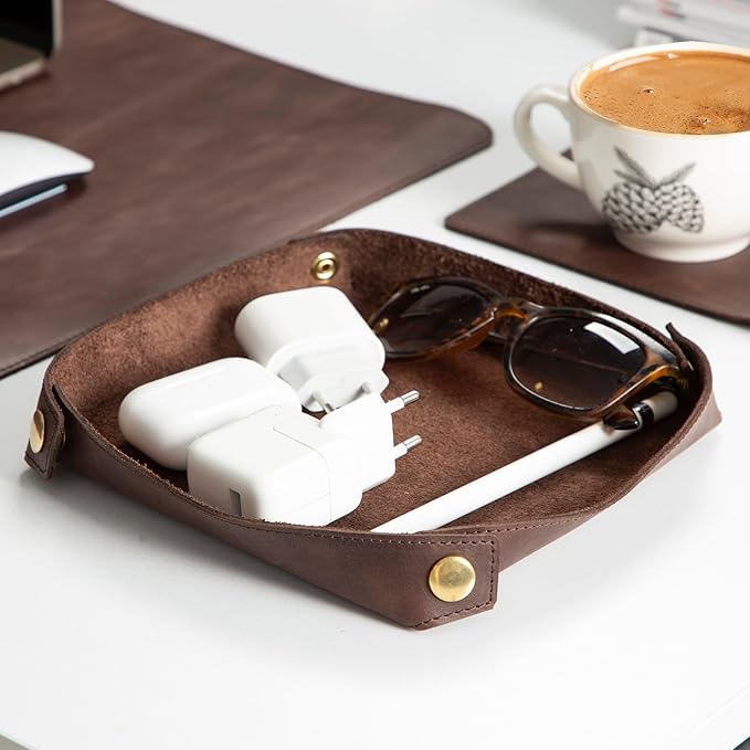 Node Leather - Genuine Leather Desk Mat (32" x 16"), Desk Organizer & Cup Coaster - Leather Office Set - Premium Handmade Office Accessories for Elegant Workspace - Dark Brown
