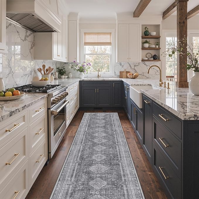 GENIMO Runner Rug 2x12 Non Slip Machine Washable Hallway Runner Rug, Low Pile Lightweight Rugs for Entryway, Hallway, Kitchen and Corridor, Vintage Grey