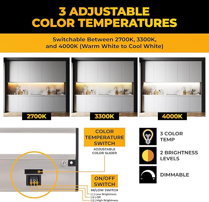 LED Under Cabinet Lighting Hardwired - 3CCT 12 Inch Satin Finish - Undercabinet Lights for Kitchen - Linkable Undercounter Dimmable Plug in Light or Hard Wired - Under Counter Fixture Direct Wire