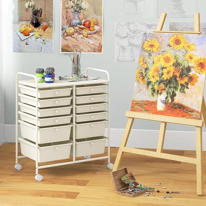 LDAILY 12 Drawer Rolling Storage Cart, Craft Cart Organizer on Wheels w/Metal Frame, Large Capacity & Smooth Drawer, Rolling Cart w/Drawers for Classroom, Office