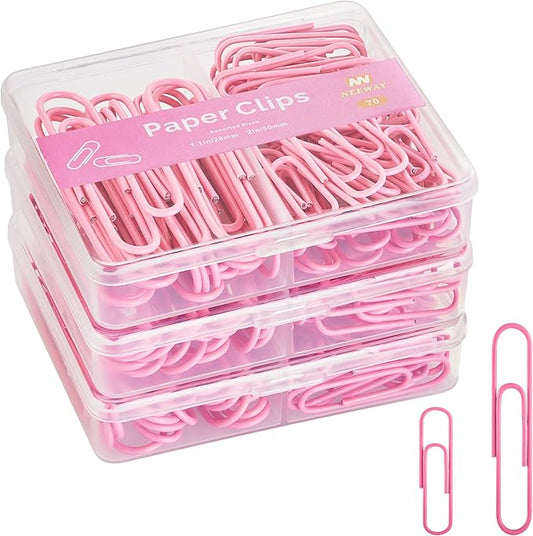 NEEWAY Colorful Paper Clips Assorted Sizes, Small and Large Paperclips, 210 Count, 3 Pack of 70 (Rose Pink)