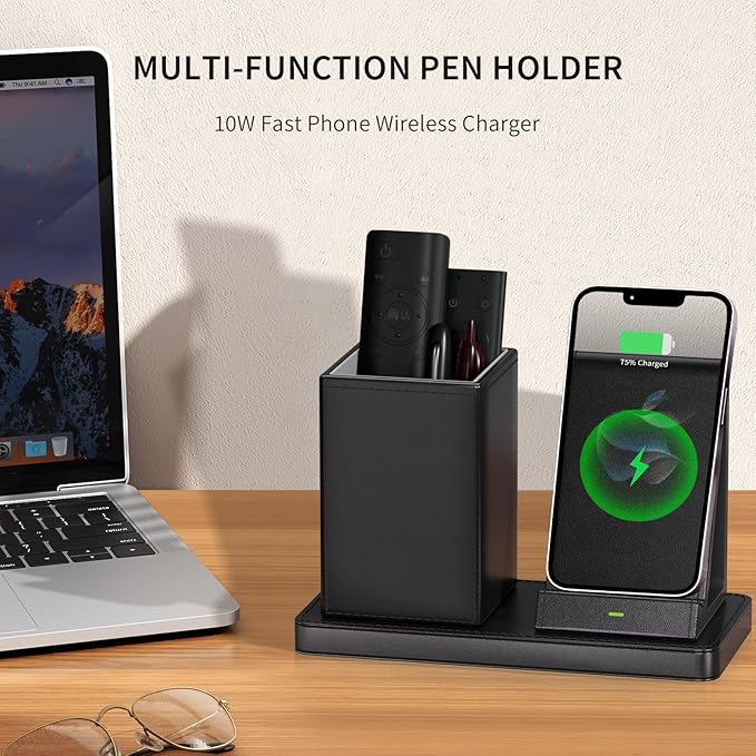 Multi-Functional Pen Holder for Desk,Black Vegan Leather Desk Organizers with Remote Control Holder,Pencil Holder for Desk,Desk Organizer with Phone Wireless Charger for Office/Nightstand/Endtable
