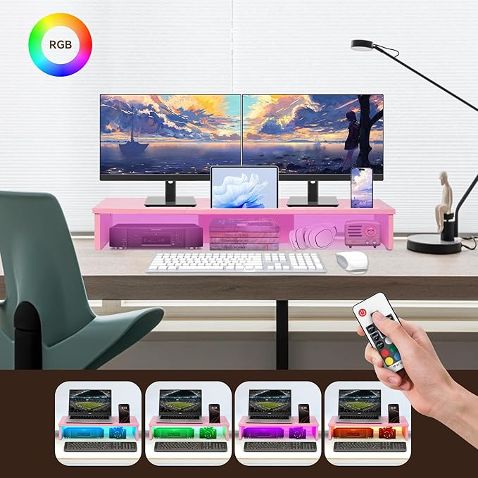 Qupui TV Riser Stand with LED Lights, 42.5in Super Large Monitor Stand with Phone Tablet Holder, Tabletop TV Stand Riser for Desk, Desktop Organizer for Computer, TV, Laptop, Printer