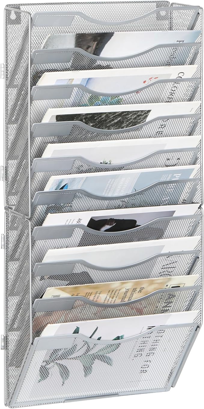 EasyPAG Wall File Organizer for Office 10 Pocket Mesh Wall Mounted Paper Organizer Hanging Folder Holder with Nametag Label for Home School, Silver