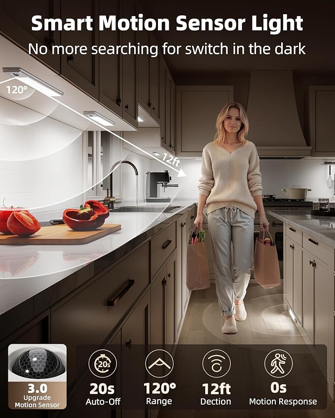 EZVALO 3 Pack Under Cabinet Lighting, 2400mAh Rechargeable Motion Sensor Light, 10inch Magnetic Closet Lights with Dimmable & 3 Color Temps, Wireless Motion Activated Lights with Remote for Kitchen