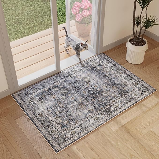 Rugcomf 2x3 Rug Washable Boho Rug Soft Small Area Rug Non-Slip Non-Shedding Faux Wool Vintage Rug for Door Mat, Kitchen, Floor, Entryway, Powder Room (Grey)