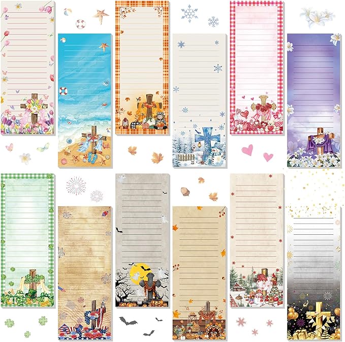 Eaasty 12 Pcs Seasonal Holiday Magnetic Notepads for Refrigerator Cross Monthly Magnetic Grocery List 9 x 3.5" Magnet Memo Pads 30 Sheet Per Pad Shopping to Do List for January to December