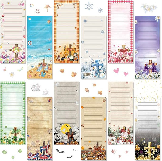 Eaasty 12 Pcs Seasonal Holiday Magnetic Notepads for Refrigerator Cross Monthly Magnetic Grocery List 9 x 3.5" Magnet Memo Pads 30 Sheet Per Pad Shopping to Do List for January to December