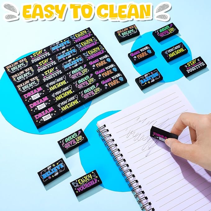 Dunzoom 100 Pcs Inspirational Pencil Erasers Bulk for Kids Fun Motivational Eraser School Supplies Back to School Office Supplies for Classroom Office Teacher Artists (Colorful Chalkboard)