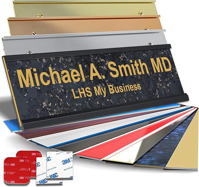 Personalized Name Plate with Choice of Mounting Holders for Walls, Doors, Cubicles, Hanging and More - Custom Charocaol Marble Plastic Gold Letters - USA Made 2x10 - S6