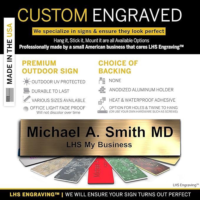 Custom Name Plate with Choice of Mounting for Walls, Doors, Desk Holders, Cubicles, Hanging and More - Personalized Brushed Copper Plastic Black Letters - USA Made 2x8 - M5