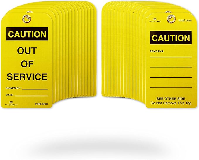 TRADESAFE Caution Out of Service Tags - 30 Yellow Caution Signs with 30 Cable Ties, Durable 32 mil Vinyl, Caution Tags for Equipment Repair or Service, Accident Prevention