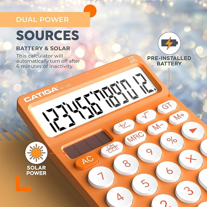 CATIGA 12 Digit Desktop Calculator Basic Desk Calculator with Large LCD Display, Big Buttons, 4 Function, Solar and Battery Dual Power, for Office, School, Home, SD-1292 Orange