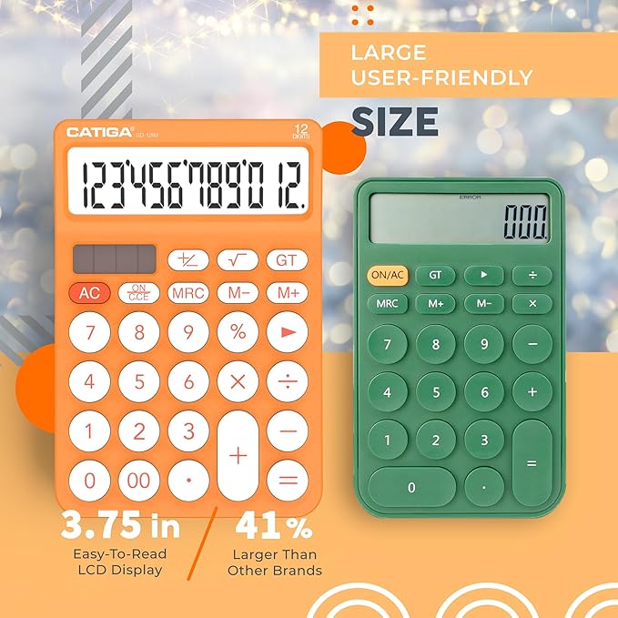 CATIGA 12 Digit Desktop Calculator Basic Desk Calculator with Large LCD Display, Big Buttons, 4 Function, Solar and Battery Dual Power, for Office, School, Home, SD-1292 Orange