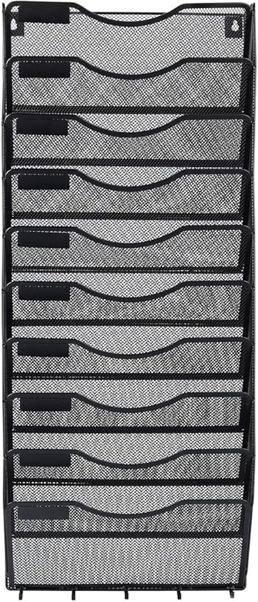 EasyPAG 10 Pocket Mesh Wall File Organizer with Key Hooks, Hanging Paper Folder Holder with Classify Label, Vertical Wall Mount Mail Organizer for Office Home Classroom, Black