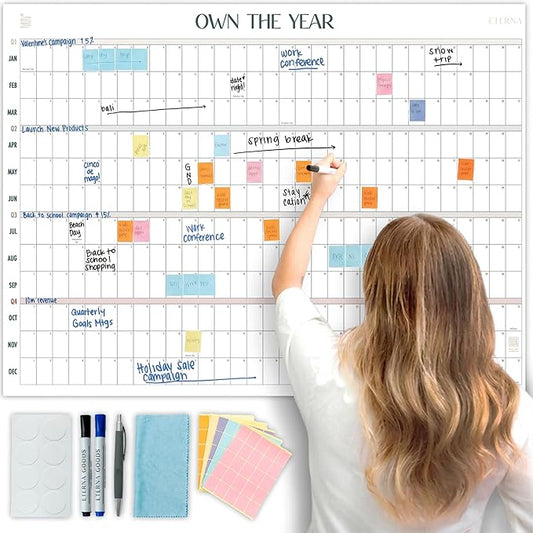 Own the Year GIANT UNDATED Wall Calendar | 4ft x 3ft Full-Year Reusable Dry Erase Planner, Jumbo Whiteboard Wall Calendar with Markers, Includes Stickers & Mounting Kit, Large Quarterly Layout for Home or Office