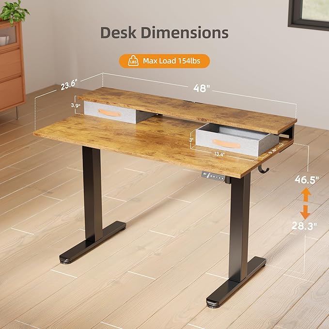 Claiks Electric Standing Desk with 2 Drawers, Adjustable Standing Desks with Storage, Height Adjustable Stand up Desk for Home Office with 2 Hooks,48 Inch Ruist Brown