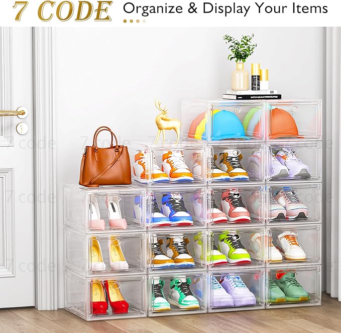 Thickened Clear Shoe Storage Organizer with Magnetic Door, Sturdy Stackable Shoe Boxes for Closet, Collapsible Space-Saving Shoe Rack for Sneakers & Boots, Plastic Shoe Cabinet Box Set, 6 Pack, White