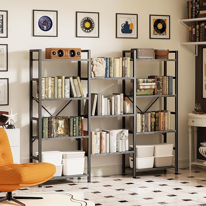 SUPERJARE Triple 4 Tier Bookshelf, Bookcase with 11 Open Display Shelves, Wide Book Shelf Book Case for Home & Office, Grey