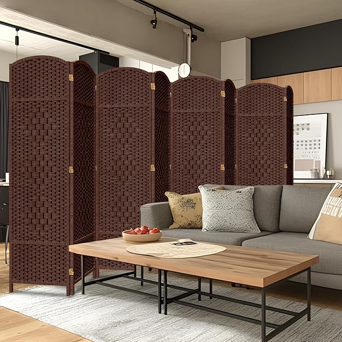 DURASPACE 8 Panel Room Divider, 6ft Tall Folding Privacy Screen, 360°Rotation, Hand-Woven Freestanding Wood Partition for Room Separation