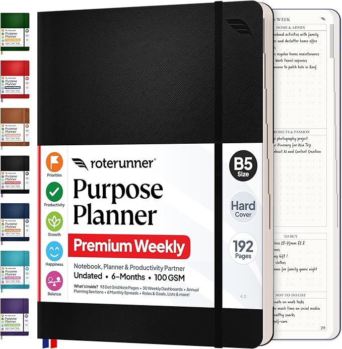 Purpose Planner Notebook B5 7.5”x9.8” Undated 2026 Daily Weekly and Monthly Productivity Goal Setting Tool for Work Home ADHD for Adults Self Care Journal