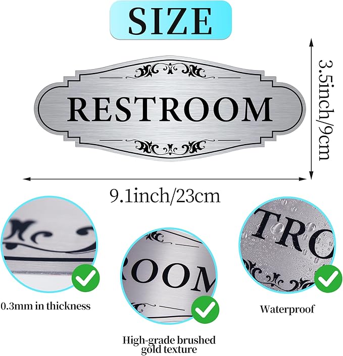 Restroom Sign Sticker for Business & Home, Self-Adhesive Brushed Silver Elegant Bathroom Signs for Door, Durable & Waterproof Unisex Restroom Signage for House Toilet, Office, Store, Shop