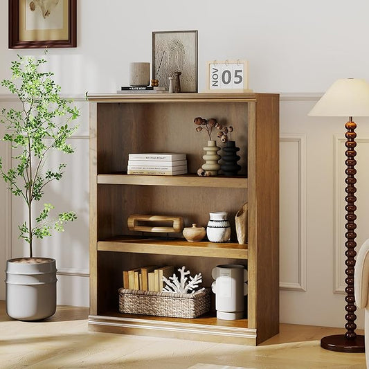 blini 3-Shelf Bookcase Wooden Bookshelves 33in Wide Floor Standing Display Storage Shelves Vintage Oak Bookcase for Home Office, Living Room, Bed Room